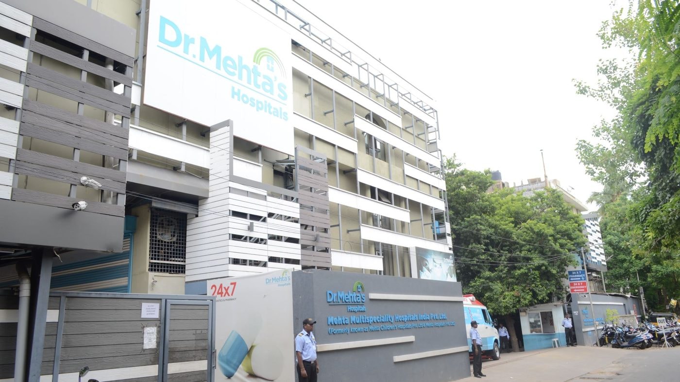 Front of Dr. Mehta's Hospitals building in Chetpet, Chennai, with its name sign